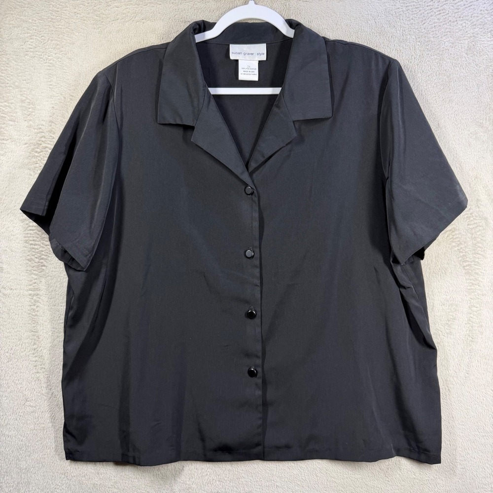 Susan Graver Style Top Women 2X Black Button Down Short Sleeve Boxy Blouse